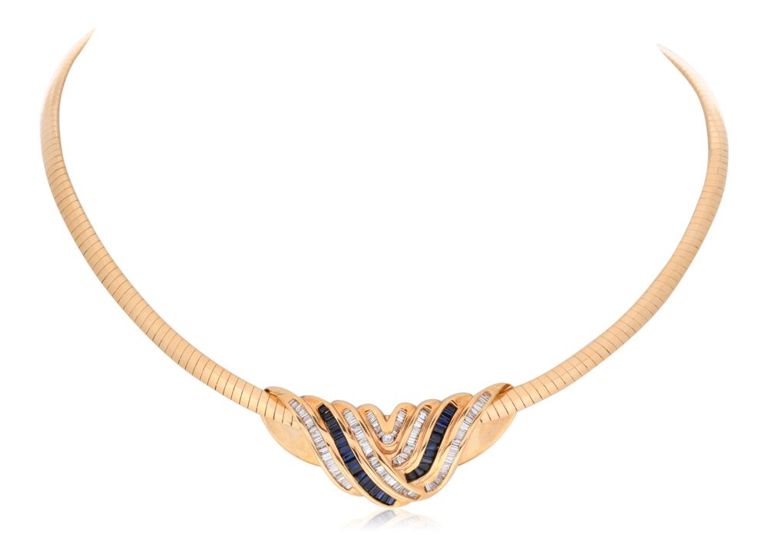 14k yellow gold necklace with diamond and sapphire slide pendant