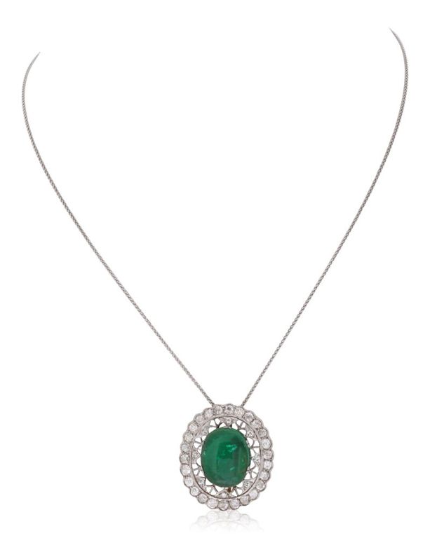 Platinum emerald and diamond pendant/brooch