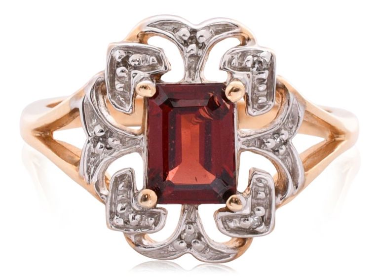 10k bi-color gold garnet and diamond ring