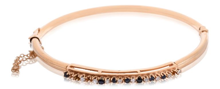 14k yellow gold colorless stone and sapphire bangle bracelet