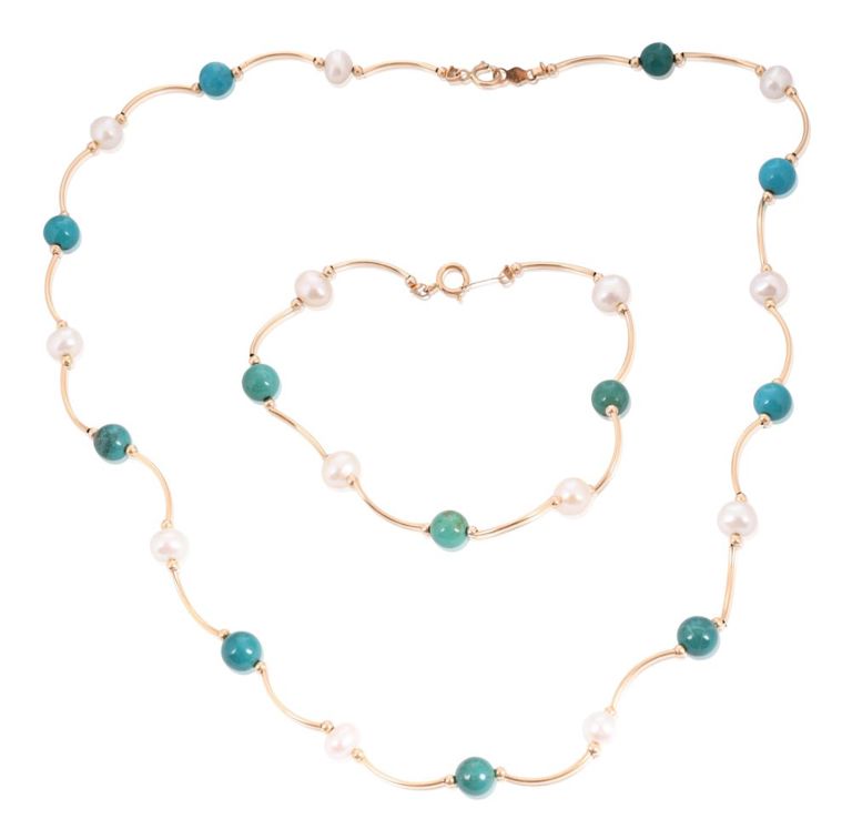 Set of 14k yellow gold, pearl and turquoise jewelry