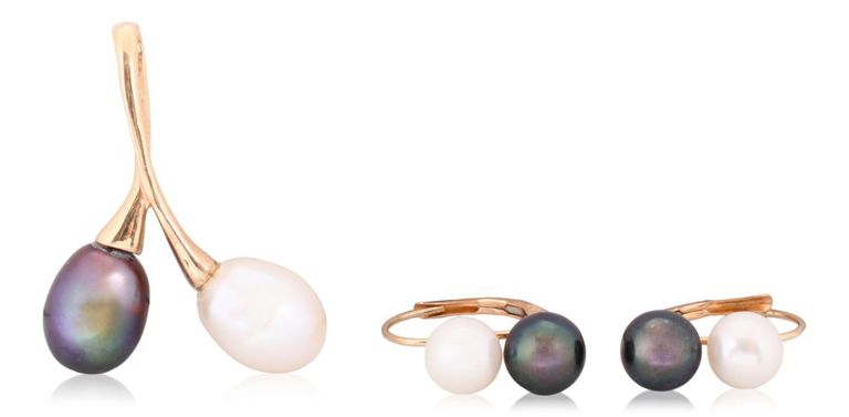 Set of 14k yellow gold Tahitian and freshwater pearls
