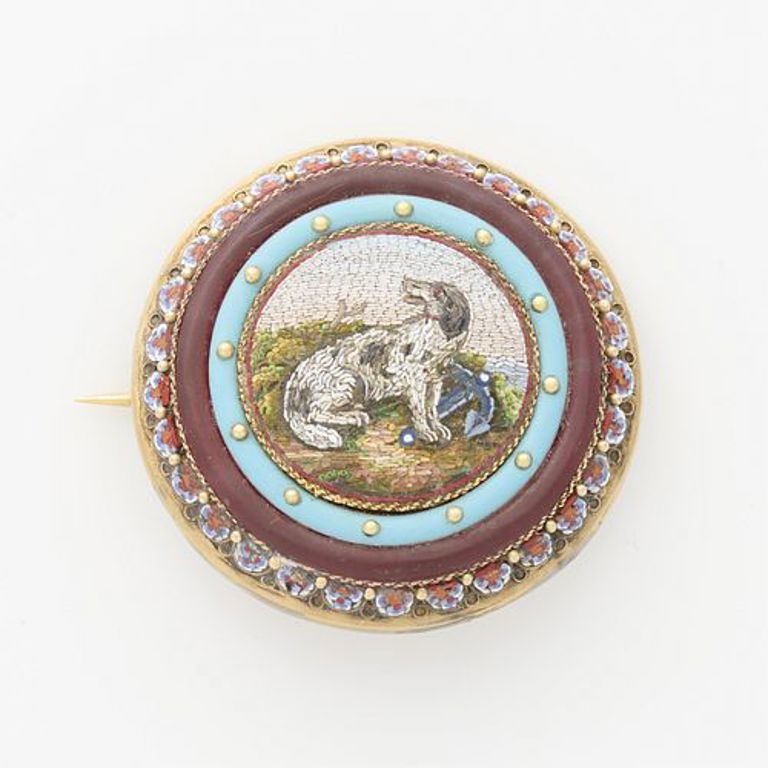Gold plated micromosaic dog brooch