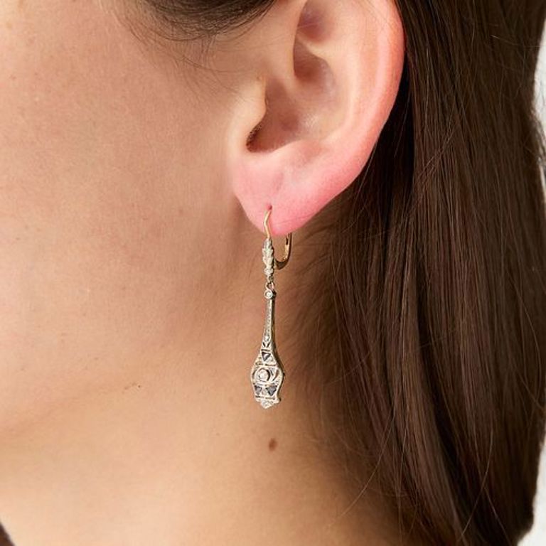 Edwardian 18k gold and silver dangle sapphire earrings