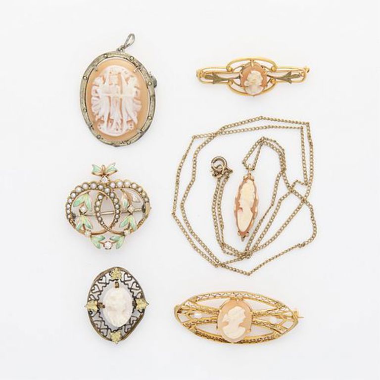 Group of six cameo and pearl pins in 14k and 10k gold