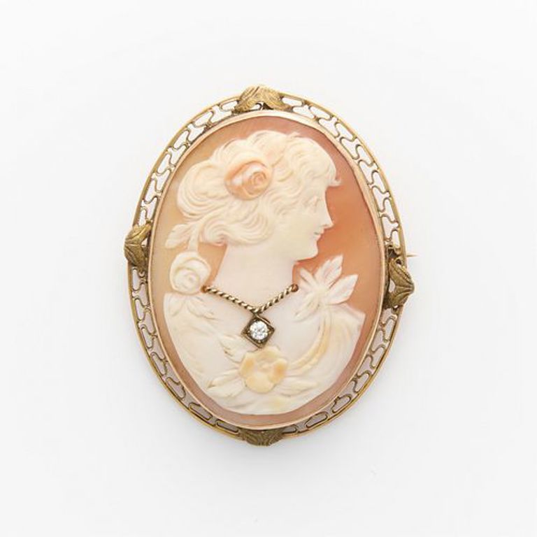 Cameo 14k yellow gold diamond brooch