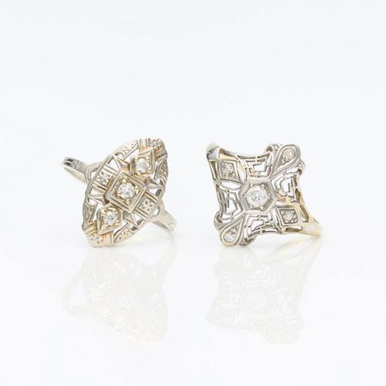 Two Art Deco 14k gold filigree rings with diamonds