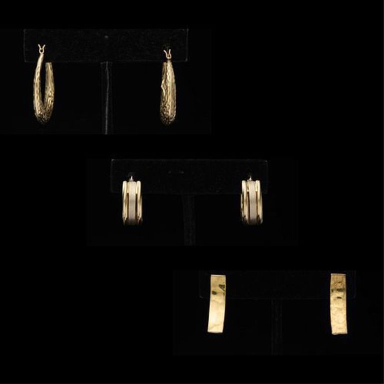 Group of three pairs of 14k gold earrings