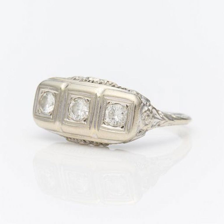 Art Deco 14k white gold three stone diamond ring