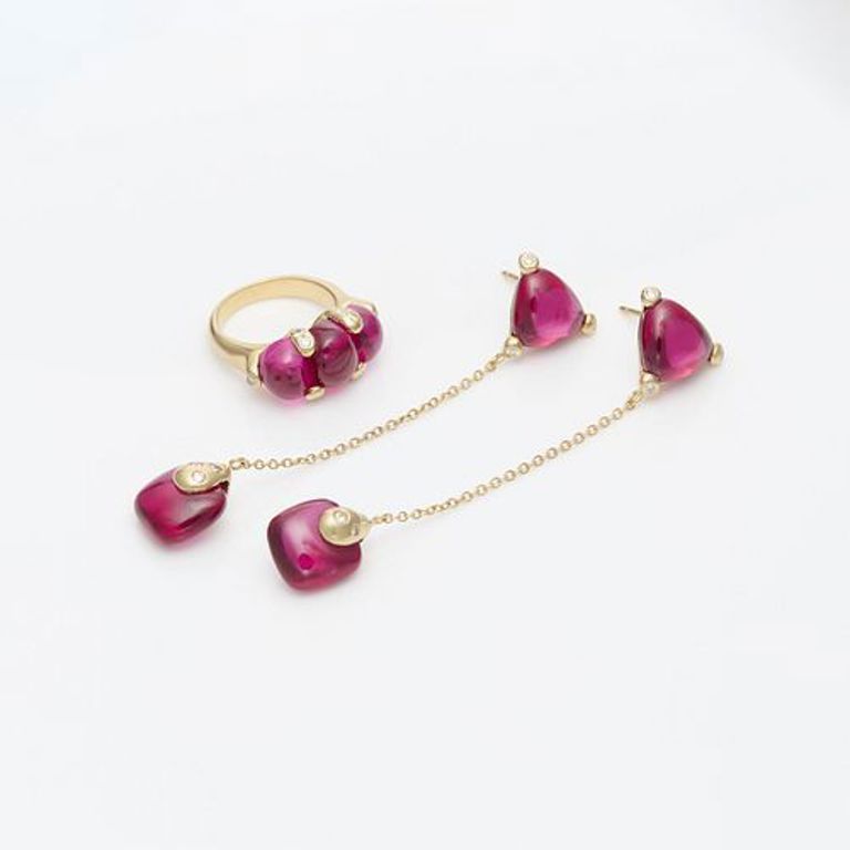 18k yellow gold synthetic ruby jewelry set