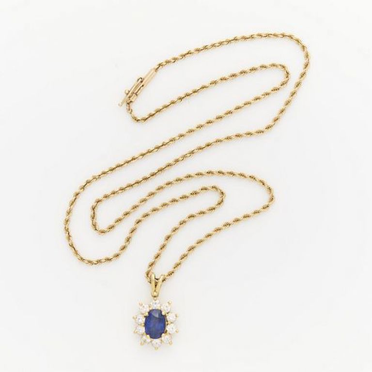 18k yellow gold sapphire and diamond pendant on 14k gold rope chain