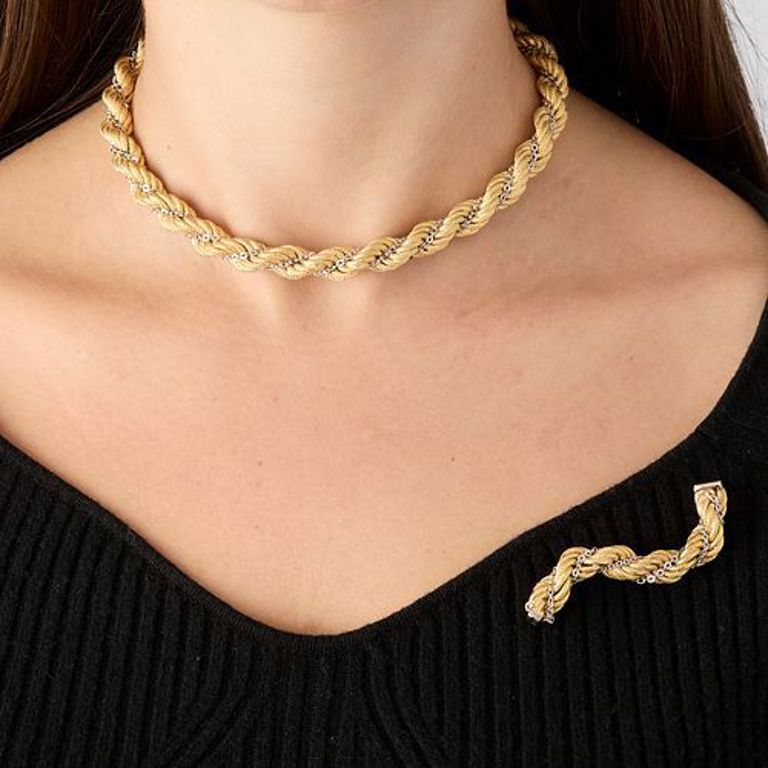 18k yellow gold and white gold necklace with brooch