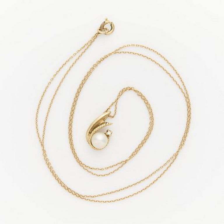 14k yellow gold pearl and diamond pendant on gold-filled chain