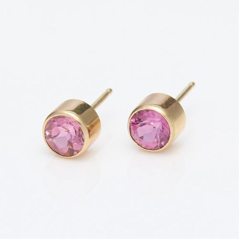 14k yellow gold pink tourmaline bezel set stud earrings