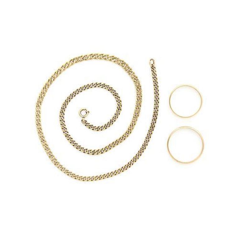 Group of 14k gold jewelry with curb link chain and wedding bands