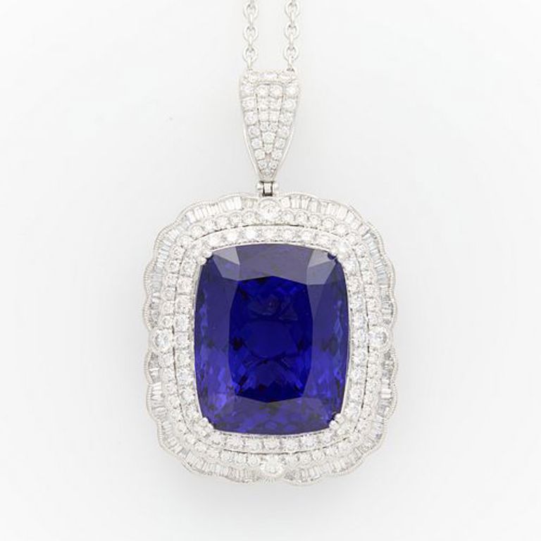 Oscar Friedman platinum tanzanite and diamond pendant on platinum chain