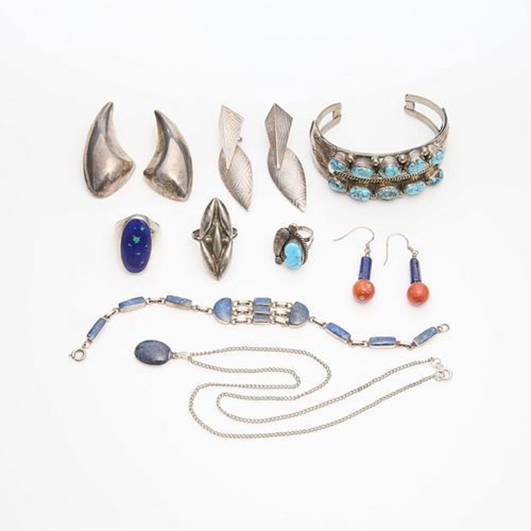 Modernist silver tone turquoise jewelry set