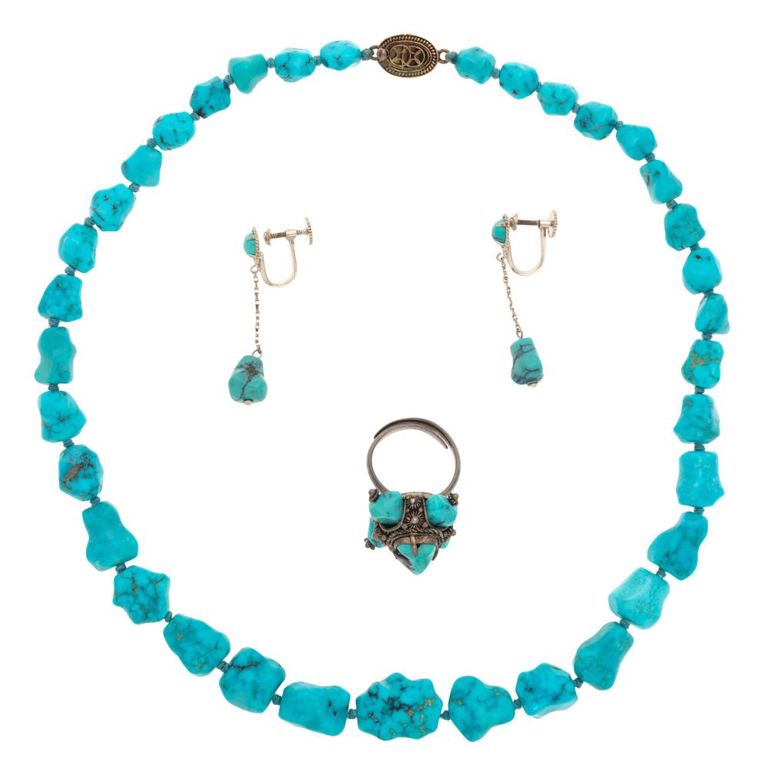 Chinese turquoise, gold and silver jewelry suite