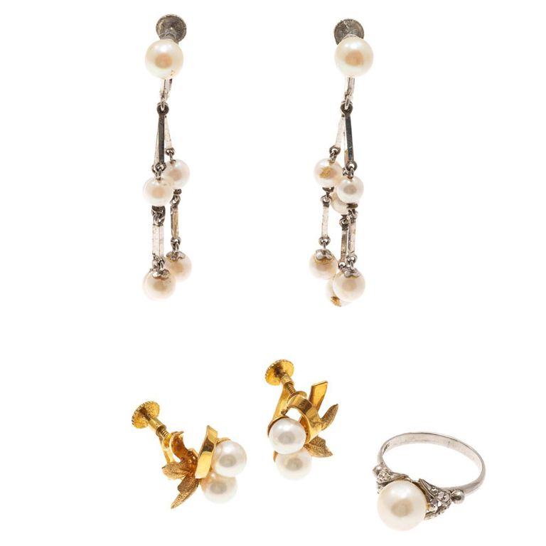 Cultured pearl jewelry collection with gold ear clips and ring