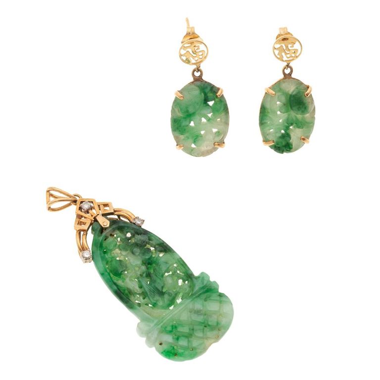 Jade, diamond, 14k yellow gold jewelry suite
