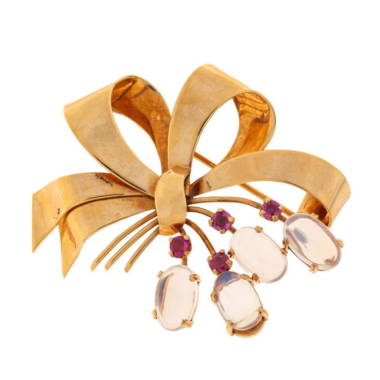 Retro ruby and moonstone 14k gold pin