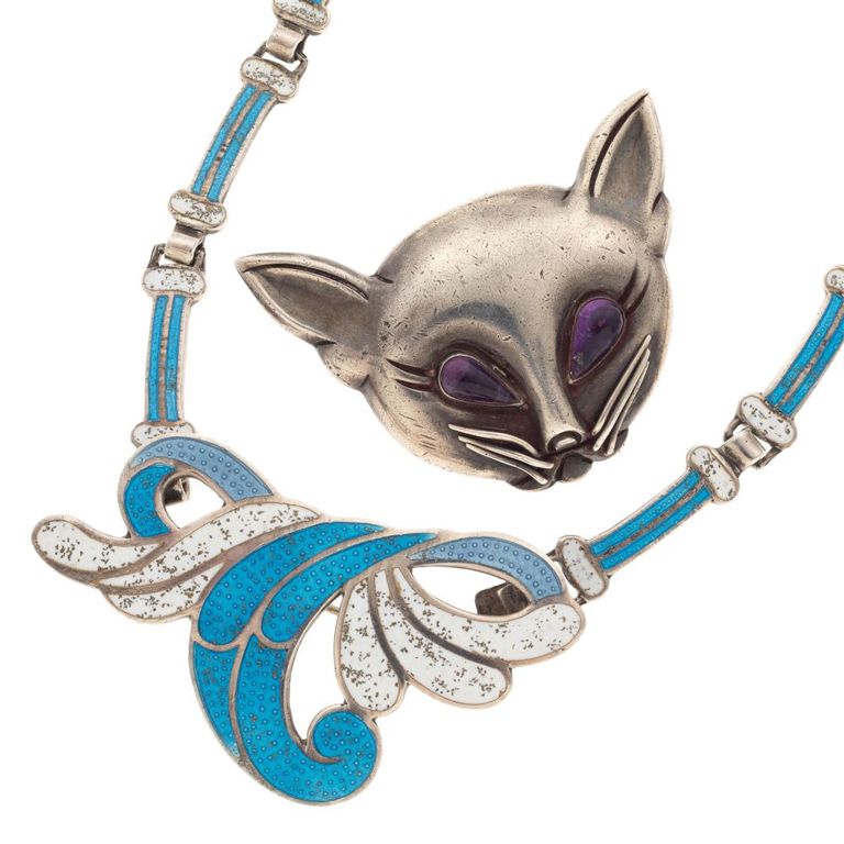 Margot de Taxco silver enamel necklace and cat pin