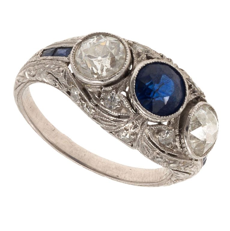 Art Deco diamond and synthetic sapphire platinum ring