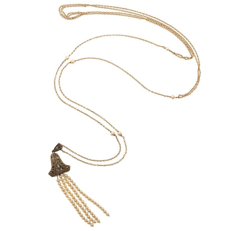 Cultured pearl 10k chain with Art Deco vermeil pendant