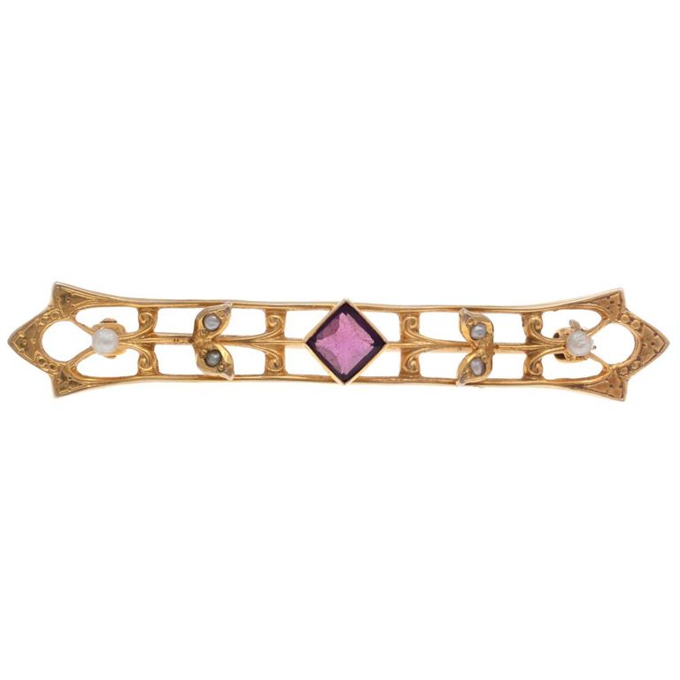Edwardian amethyst, seed pearl 10k gold bar pin
