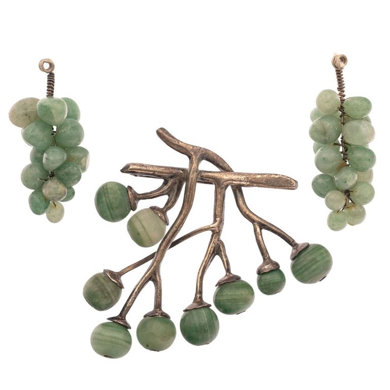 Vintage Mexican agate and aventurine silver brooch
