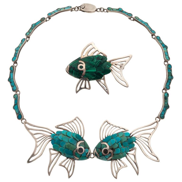 Mexican malachite and turquoise silver fish jewelry set