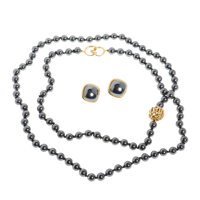 Tiffany & Co 14k gold hematite earrings and 18k gold necklace set