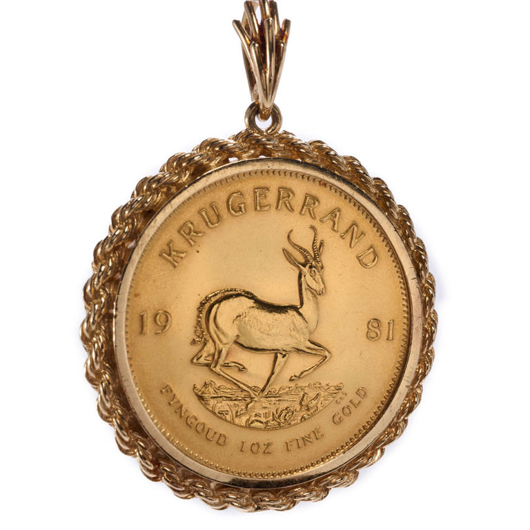 Krugerrand gold coin in 14k rope frame
