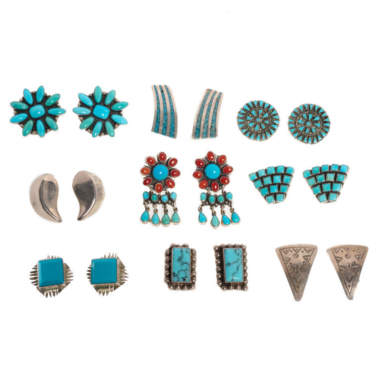 Group of Mexican sterling silver turquoise earclips