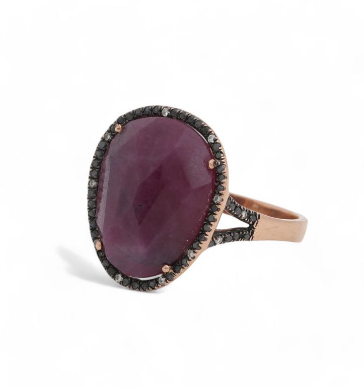 Ruby, colored diamond, diamond and 14k rose gold ring