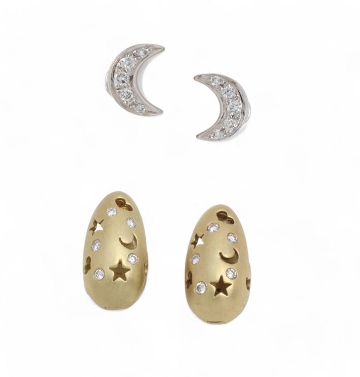 Diamond gold earrings and crescent studs
