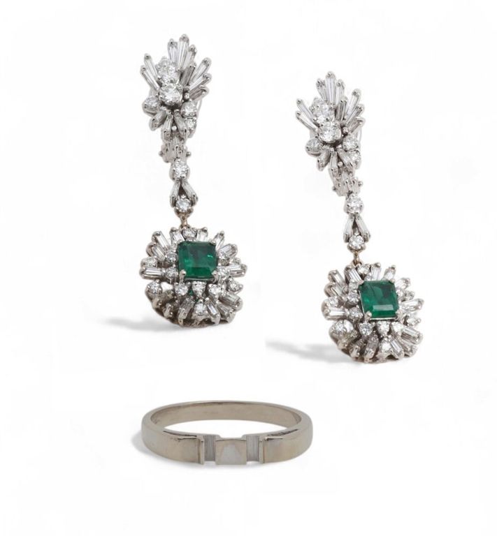 Emerald, diamond and 14k white gold convertible earrings