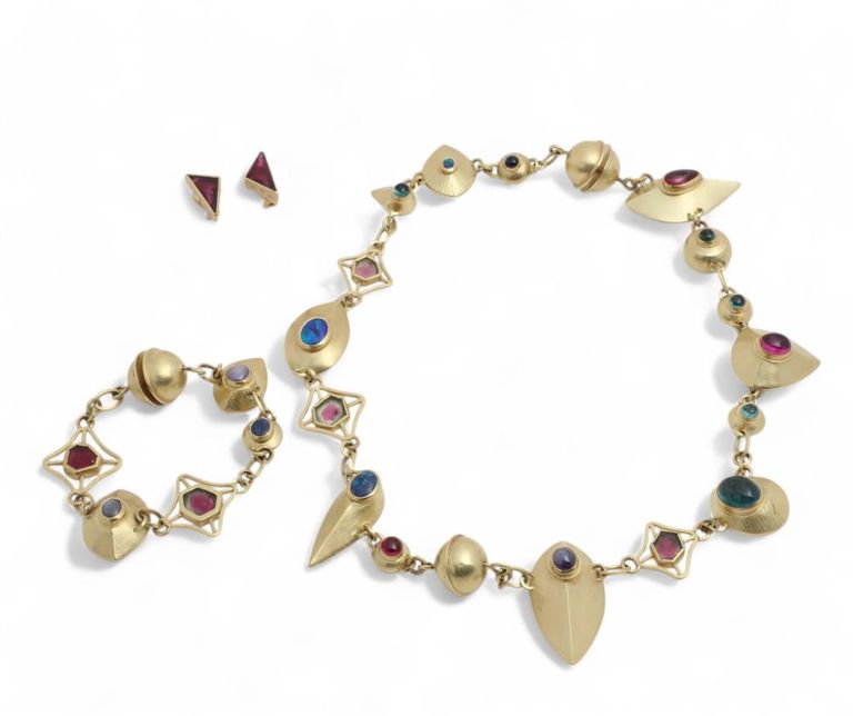 Convertible gemset 18k gold necklace and rubellite ear clips