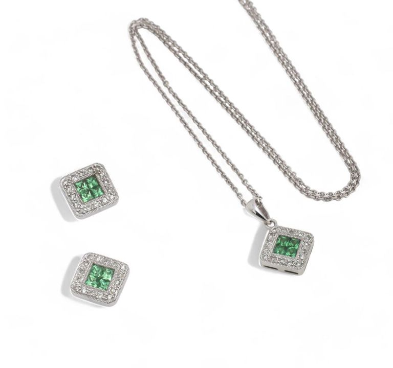 Peridot, diamond and 18k white gold pendant and ear studs