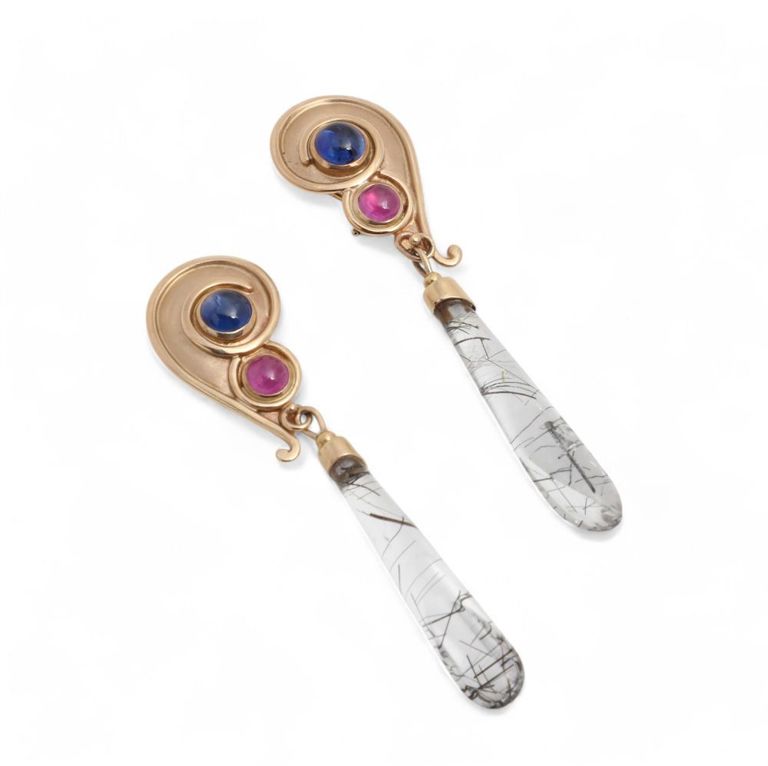 Sapphire, ruby, rutilated quartz and 14k gold ear pendants