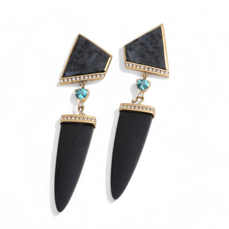 Labradorite, diamond, tourmaline, onyx and 14k gold ear pendants