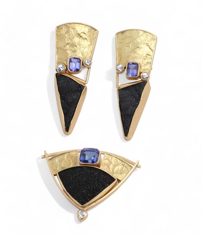 18k gold tanzanite, sapphire and druzy quartz earrings with brooch