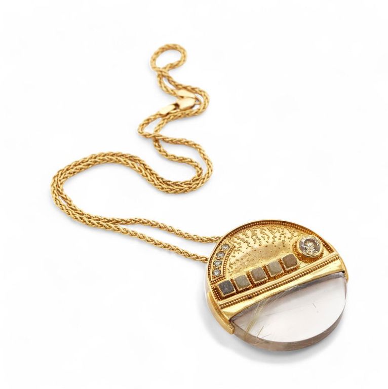 18k gold colored diamond and rutilated quartz pendant brooch with 14k chain