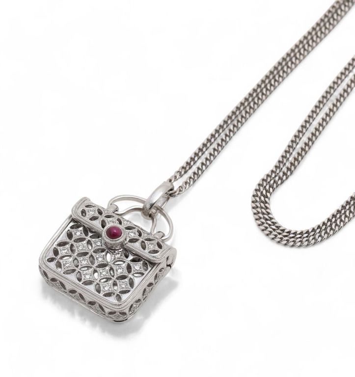 18k white gold diamond and ruby handbag pendant necklace