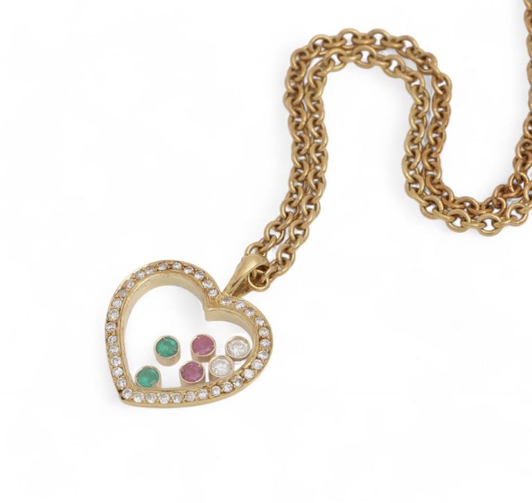 18k gold ruby, emerald and diamond heart pendant necklace