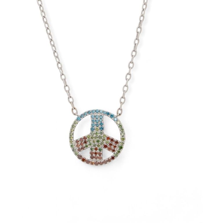 Platinum and 18k white gold colored diamond peace sign necklace