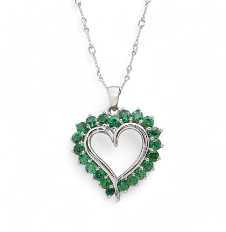Platinum tsavorite garnet heart pendant necklace with 18k white gold chain