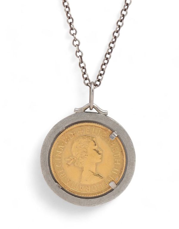 18k white gold English sovereign coin pendant with silver chain