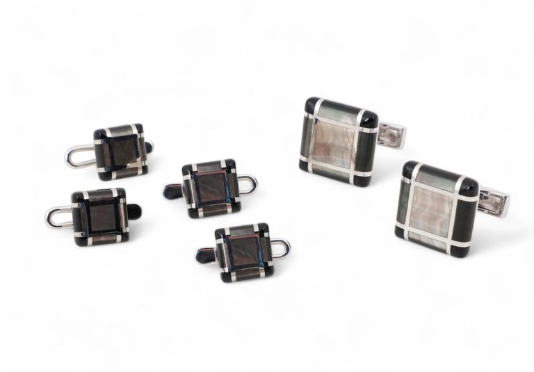 18k white gold onyx and gray mother of pearl cufflink and stud set