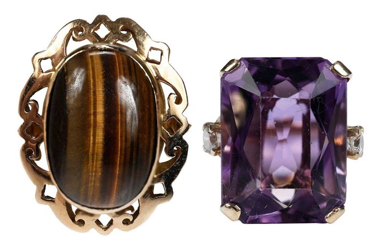 14k gold tiger's eye and amethyst rings